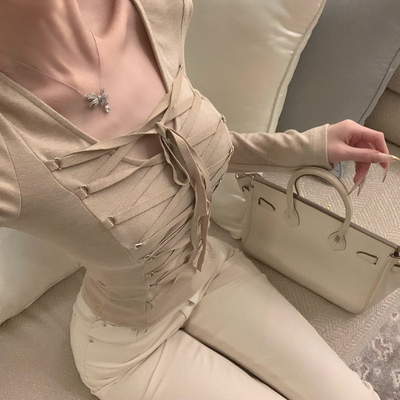 杜总家 底牌好身材*原创御姐交叉绑带收腰上衣显瘦秋冬浅色系内搭