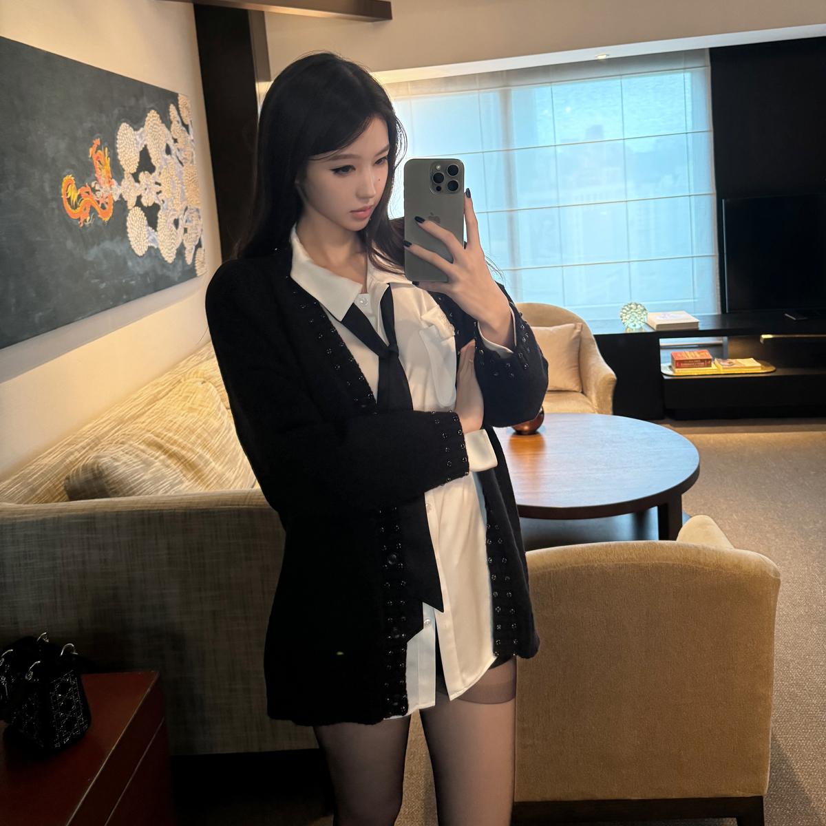 杜总家 女明星出圈私搭*慵懒黑色针织开衫缎面白色衬衫上衣男女款