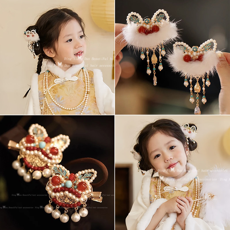 儿童醒狮流苏新年发夹女童侧边夹汉服古风配饰小女孩可爱拜年头饰