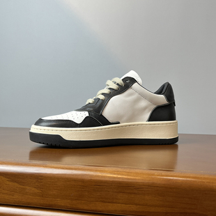 全牛皮~欧洲站黑白熊猫鞋女真皮羊毛拼色系带平底小白鞋休闲板鞋