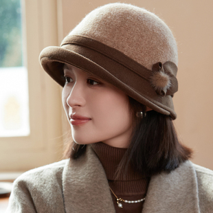 时尚百搭翘檐盆帽女士民国风复古气质百搭羊毛线渔夫帽秋冬天保暖