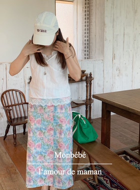 monbebe韩国进口玫瑰油画感夏日花卉半裙a字后开叉包臀显瘦自留