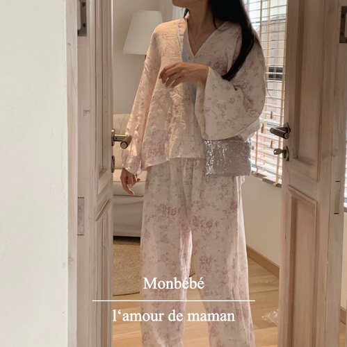 monbebe韩国进口家居服紫色碎花显瘦全棉舒适防晒可外穿松弛感