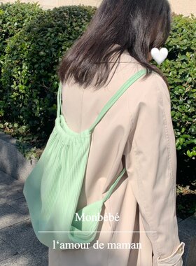 monbebe韩国进口薄荷色坑条针织背包双肩包小众设计师品牌