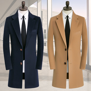 新款秋冬季羊毛大衣男式韩版修身单排扣风衣中长款青年西服领外套