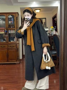 针织围巾连帽2026新款韩版撞色双面羊绒大衣女中长羊毛大衣呢外套