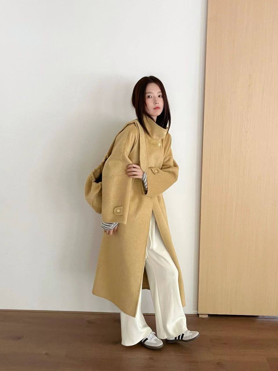 赫本风高品质双面羊毛大衣女秋冬2025新款韩系超好看毛呢外套挎包