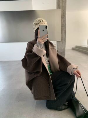 2025新韩版连帽双面羊绒大衣女短款宽松慵懒风休闲羊毛大衣昵外套