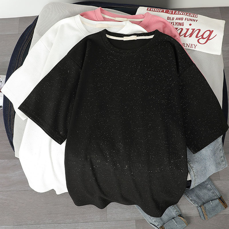 。棉质短袖T恤女2020年夏季新款大码胖MM宽松blingbling亮闪闪上