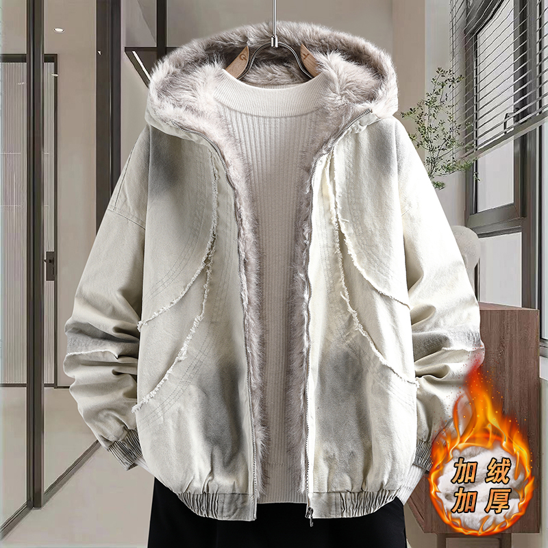 连帽青年宽松夹克冬季新款复古怀旧高品质男士牛仔兔绒座山雕外套