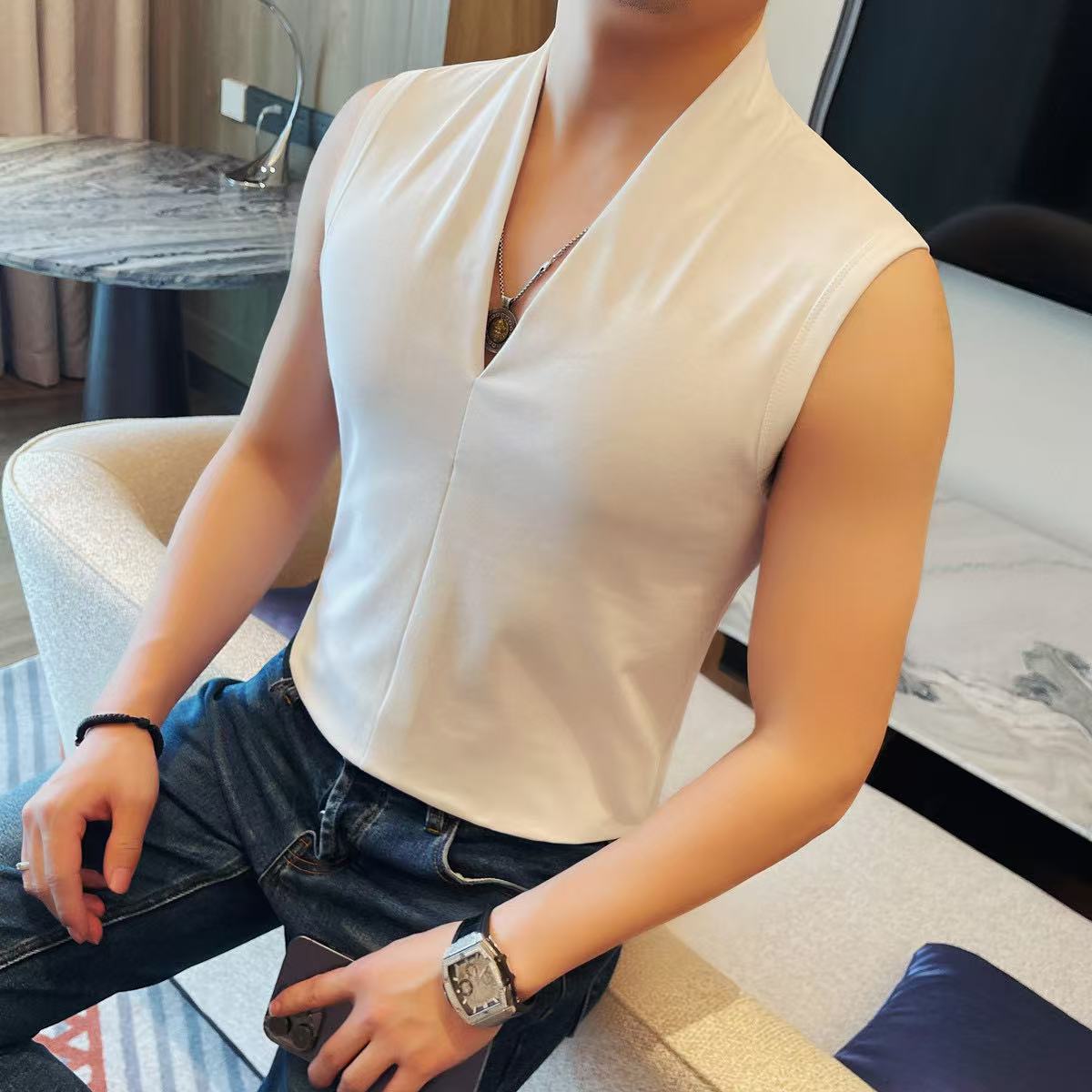 v领背心男款潮流痞帅夏外穿2025新款上衣坎肩修身冰丝男士无袖t恤