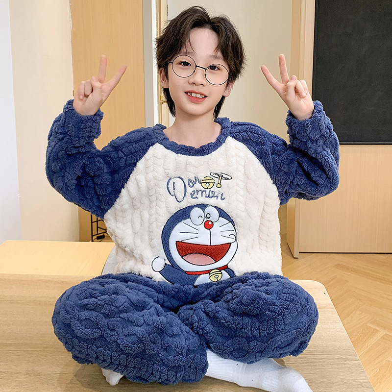 冬季男童哆啦a梦睡衣儿童睡裤 长毛绒加厚大童青少年叮当猫家居服