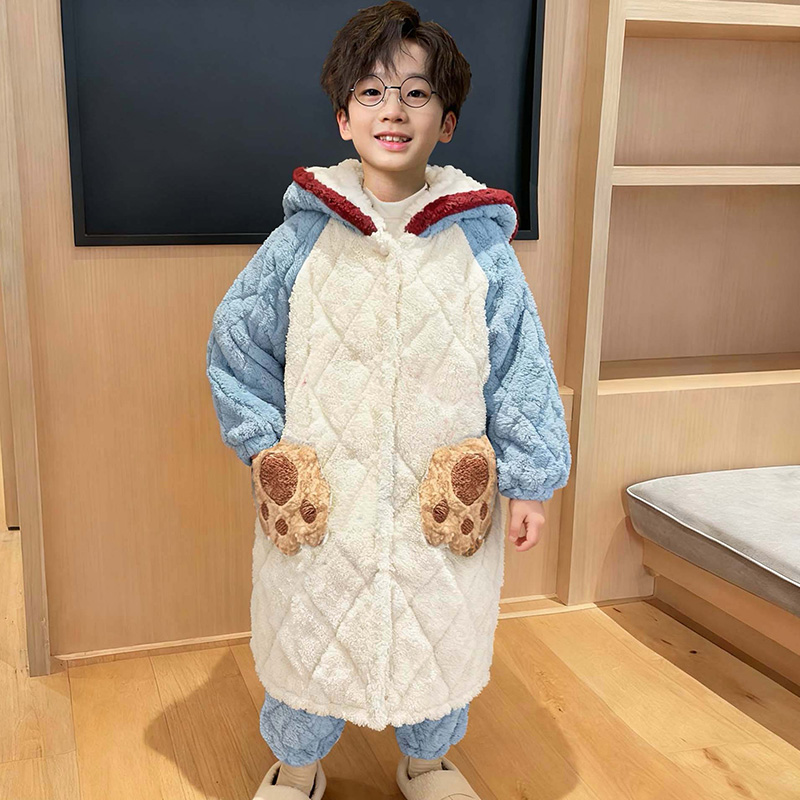 儿童保暖长袍长裤套装加绒加厚冬季三层夹棉冬天小孩男孩男童睡衣