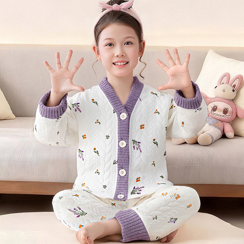 冬季三层夹棉加厚女童保暖睡衣女孩2026新款加棉家居服甜美公主风
