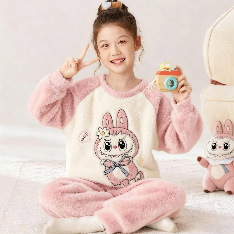 儿童拉布布童装秋冬季双面绒女童保暖睡衣睡裤套装加厚宝宝可外穿