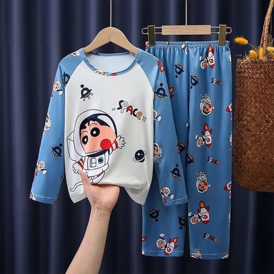 蜡笔小新春夏季男童睡衣儿童长袖套头网红兄妹装姐弟装男孩家居服