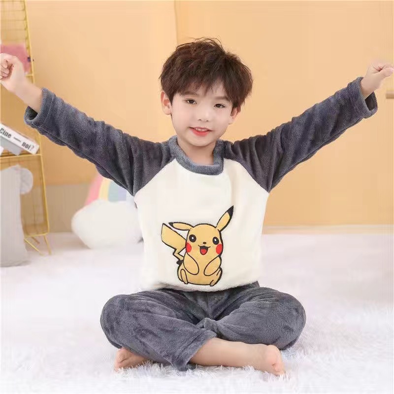 儿童睡衣男童珊瑚绒加厚秋冬季中大童宝可梦皮卡丘保暖家居服套装