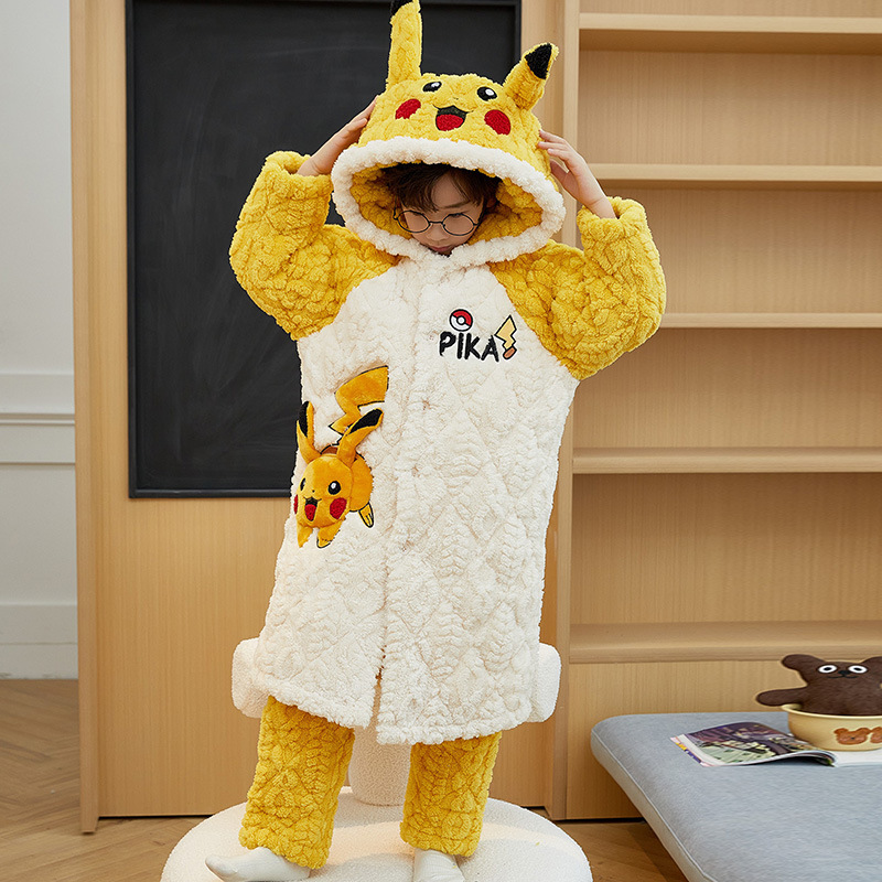 儿童宝可梦冬款皮卡丘冬季衣服男童睡衣三层夹棉珊瑚绒睡袍中长款