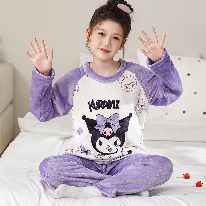 儿童库洛米睡衣秋冬季女孩中大童珊瑚绒法兰绒套头圆领家居服长袖