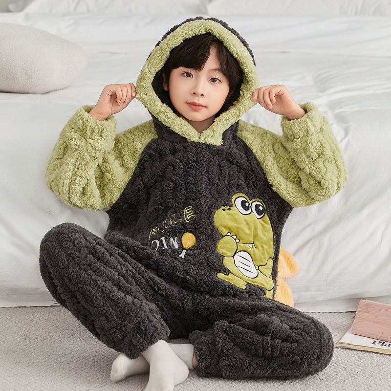 鳄鱼男童连帽睡衣珊瑚绒法兰绒冬季儿童套装2026新款提花绒长毛绒
