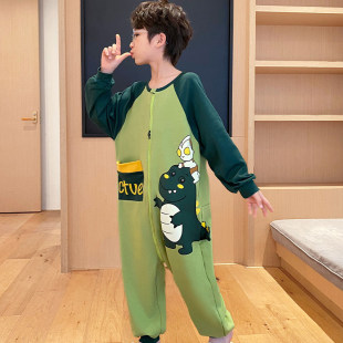 男童睡衣春秋连体睡袋长袖2026新款纯棉恐龙大童初中生男孩家居服