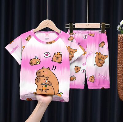 夏季女童睡衣儿童薄款短袖可爱超萌卡皮巴拉capybara中大童家居服