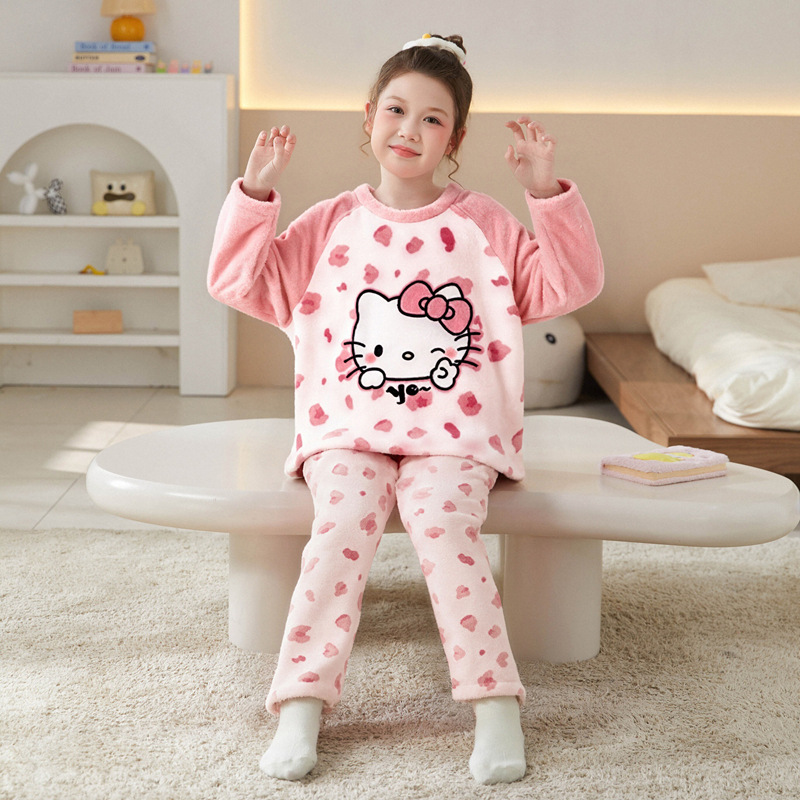 儿童珊瑚绒家居服女童保暖秋冬装中大童HelloKitty凯蒂猫家居服厚