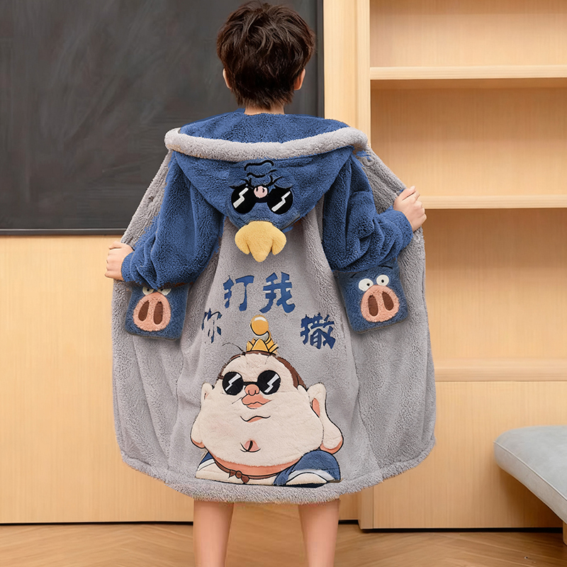 儿童睡衣袍连帽法兰绒秋冬季男童珊瑚绒2026加厚款大童男孩家居服