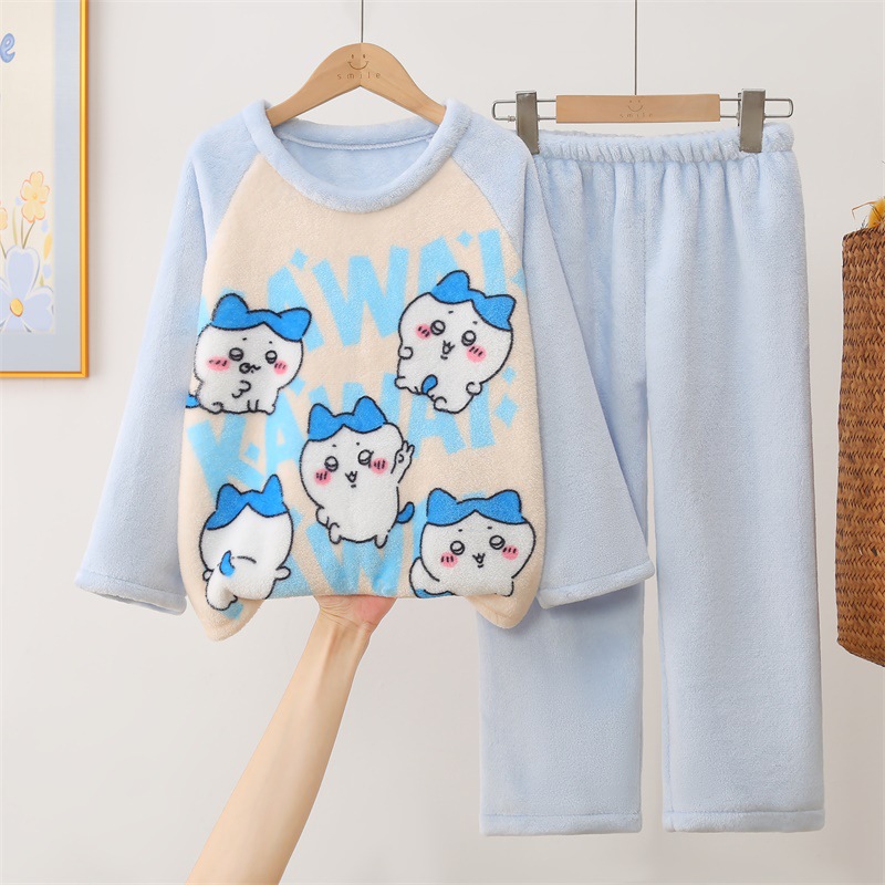 吉伊卡哇的睡衣睡裤套装秋冬季珊瑚绒薄绒女童法兰绒儿童两件套装