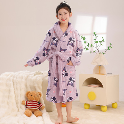女童库洛米睡袍加厚款秋冬装中大童卡通儿童睡衣家居服中长款浴袍