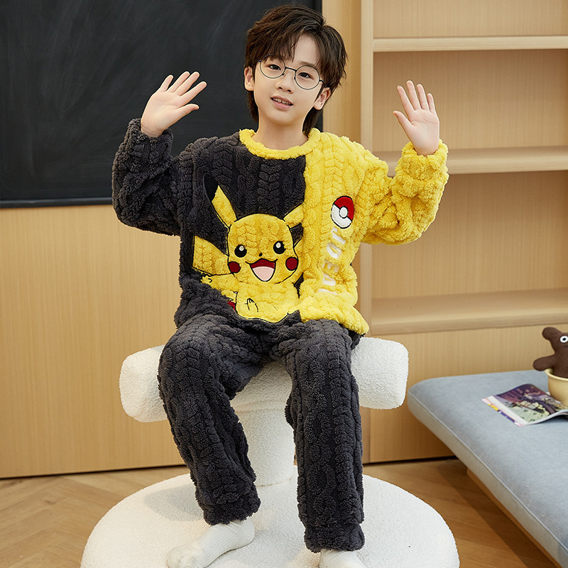 男童睡衣裤冬季珊瑚绒加厚皮卡丘睡衣儿童男孩法兰绒厚款保暖套装