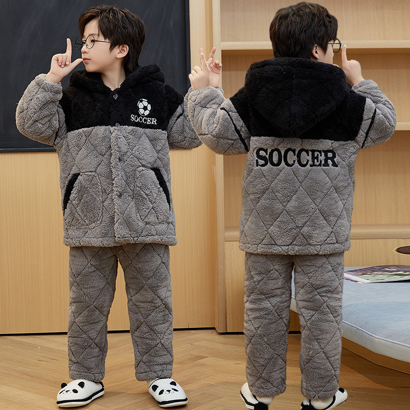 大男童珊瑚绒睡衣冬款2026新款儿童法兰绒保暖套装三层夹棉家居服
