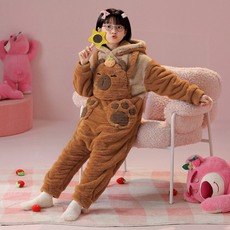 亲子连体睡衣女童睡袋珊瑚绒法兰绒卡皮巴拉儿童秋冬季保暧家居服