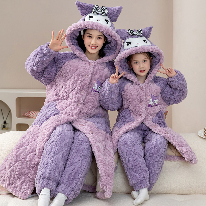 女童睡袍加肥加大码2026冬款胖童装三层珊瑚绒夹棉儿童库洛米睡衣