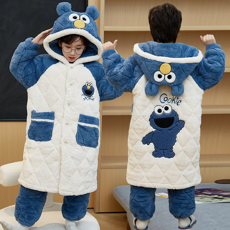 芝麻街儿童珊瑚绒睡衣男孩冬款三层保暖男童夹棉法兰绒睡袍冬加厚