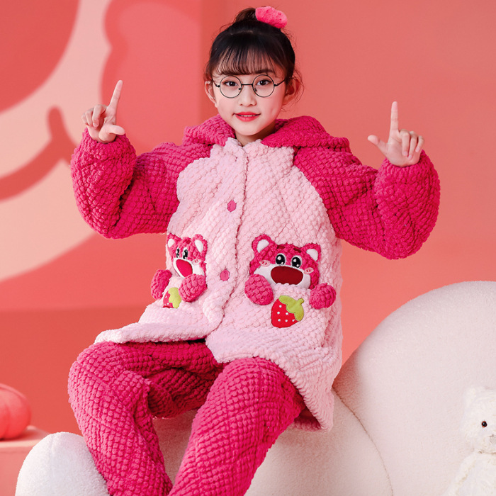 儿童珊瑚绒夹棉睡衣女童加厚冬装中大童草莓熊加肥加胖家居服套装