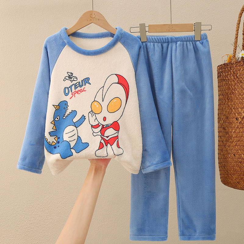 儿童珊瑚绒睡衣男孩子保暖秋冬装中大童法兰绒家居服奥特曼小怪兽