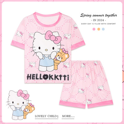 HelloKitty卡通凯蒂猫睡衣女童女孩女生女宝夏季两件套薄短袖短裤