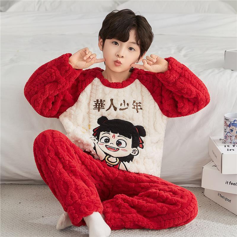 儿童睡衣男童冬季珊瑚绒加厚法兰绒冬款小男孩子2026新款哪吒图案