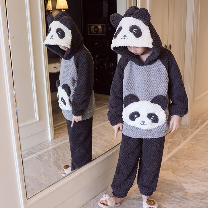 熊猫卡通睡衣冬加厚款4女孩6女童8大童3-5-7-9岁连帽10保暖长毛绒