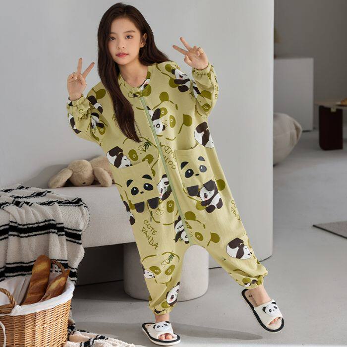 女童春天连体睡衣长袖儿童春季女孩熊猫春款2026新款纯棉睡袋春装