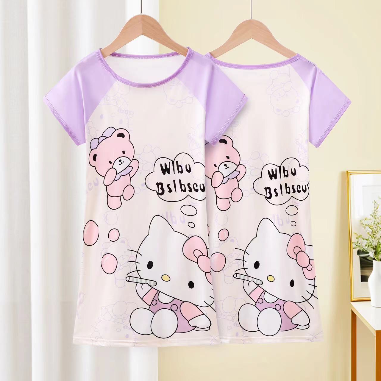 女童睡裙夏装短袖薄款中大童女孩卡通甜美夏款儿童睡衣HelloKitty