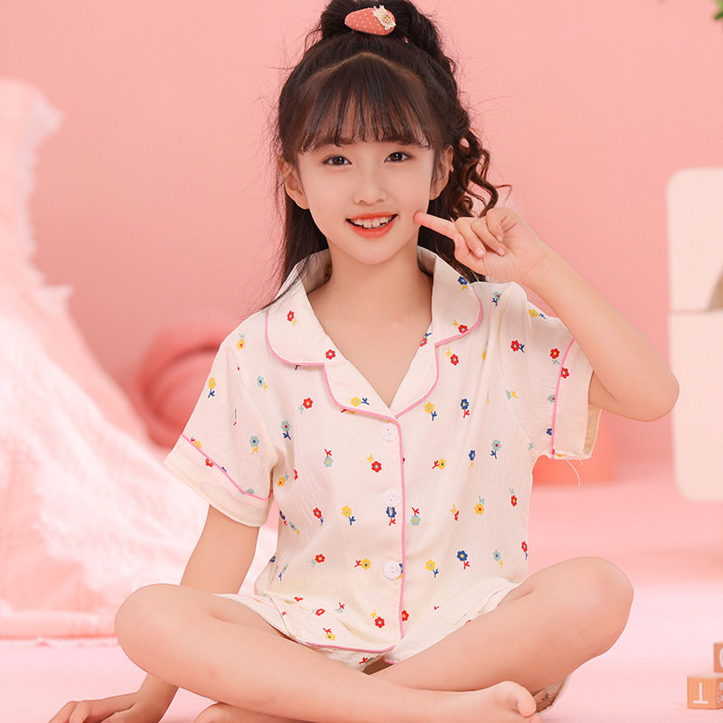 中大童睡衣短袖仿棉家居服夏薄空调服3小孩子5女宝7岁女童9开襟衫