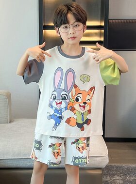 疯狂动物城儿童睡衣睡裤夏天男孩小孩子男宝家居服套装纯棉款短袖