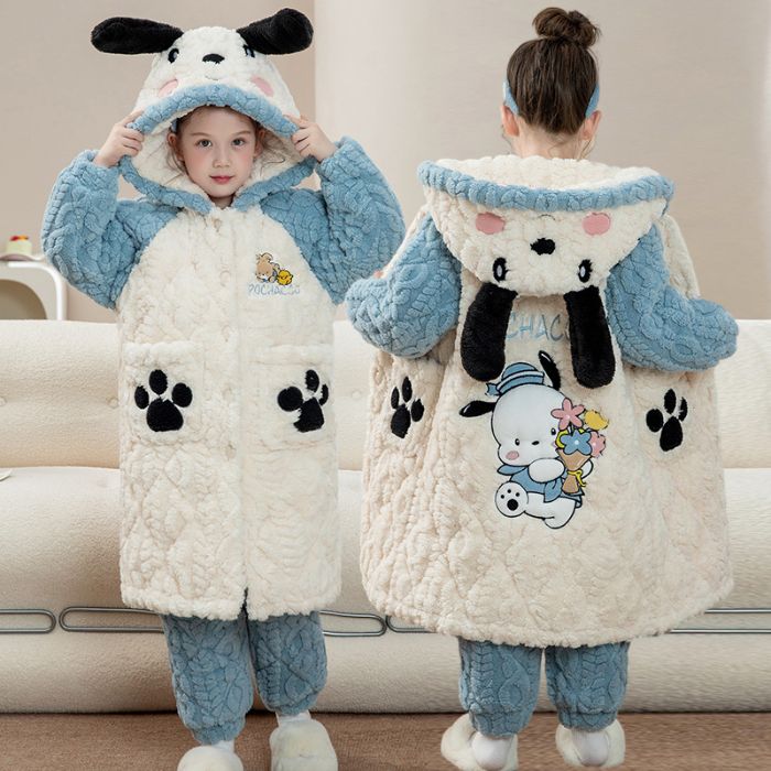 帕恰狗睡衣连帽袍儿童冬季加厚女童三层夹棉珊瑚绒中大童公主套装