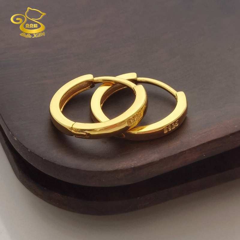 贝贝猫通体S925纯银镀24K黄金色耳扣骨扣彩银耳环光面细男女刻字