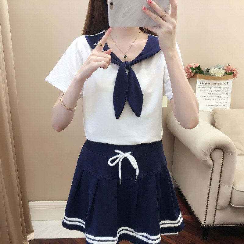 12-15岁14少女孩短袖T恤初中学生夏装女两件套装大童可爱海军短裙