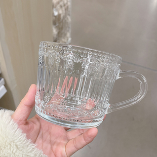 包邮 透明玻璃杯牛奶杯带把手高颜值咖啡杯家用复古浮雕燕麦早餐杯