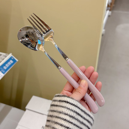 高颜值珠光陶瓷手柄餐勺韩式长柄勺家用食品级304不锈钢勺子叉子