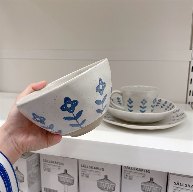 包邮北欧风蓝小花陶瓷色釉餐具手捏不规则吃饭碗面碗菜盘西餐盘子
